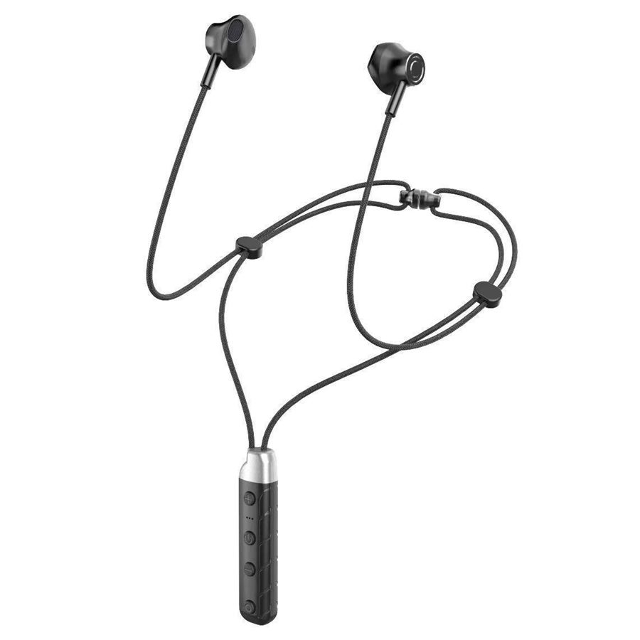 Loop neckband earphones in black, with a braided cord and a cylindrical inline control pod
