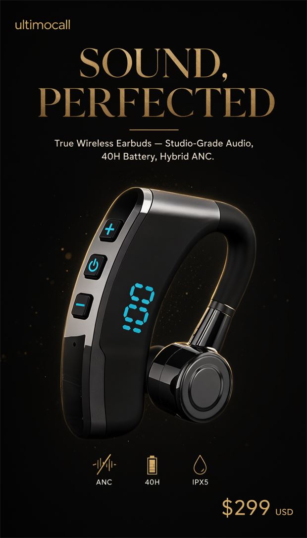 Meridian campaign poster on black and gold: Sound, Perfected. The ear-hook headset with its battery readout lit, and the line ANC, 40H, IPX5.