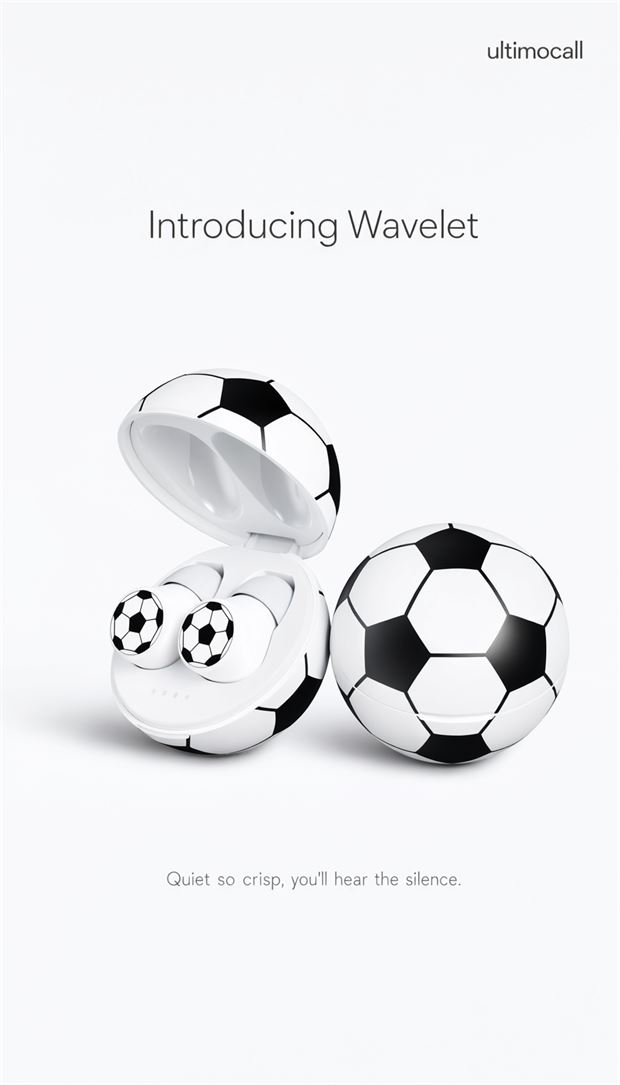 Wavelet campaign poster on white: Introducing Wavelet, with the football-patterned charging case open beside a closed one.