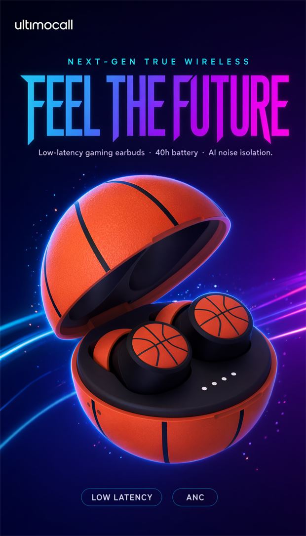 Court campaign poster in neon blue and magenta: Feel the Future. Low-latency gaming earbuds, 40h battery, in a basketball case.
