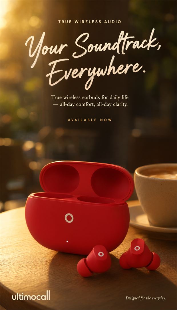 Vox 1 campaign poster: red earbuds and their case on a cafe table at golden hour, over the line Your Soundtrack, Everywhere.