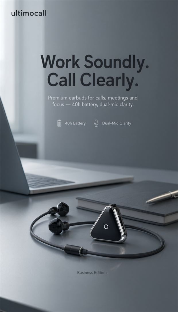 Node Business Edition poster: the necklace earphones on a grey desk beside a laptop, over the line Work Soundly. Call Clearly.