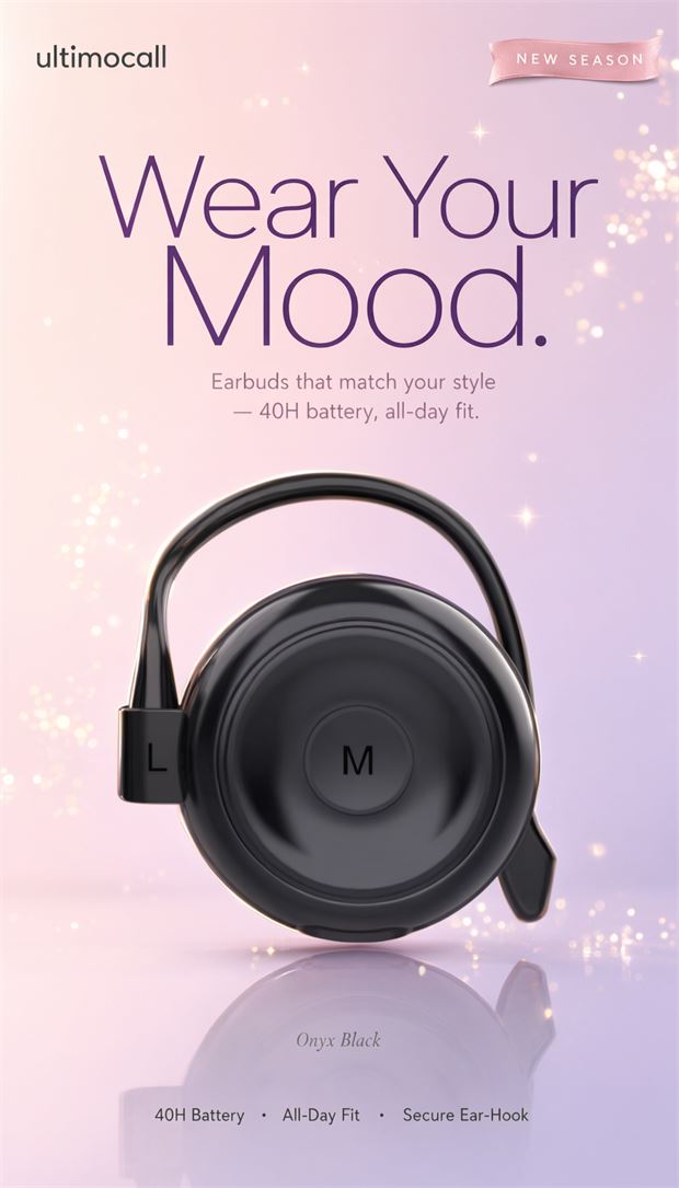 Ridge campaign poster on lilac and pink: Wear Your Mood. The clip-on ear-hook in Onyx Black, 40H battery, secure ear-hook.